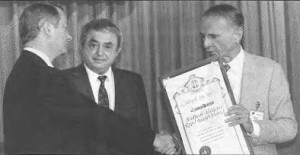 Los Angeles County Supervisor Ed Edelman presents proclamation to SCRTD Board President Marv Holden (Click for more info)